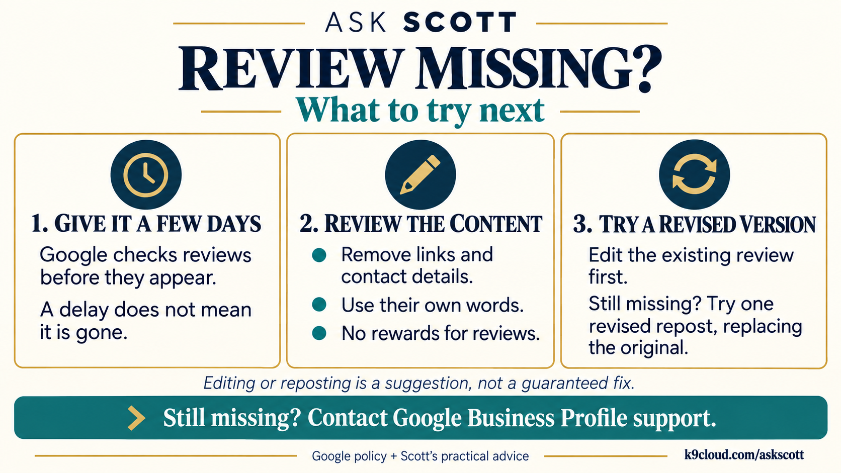 Review missing? What to try next: give it a few days, review the content, try a revised version, then contact Google Business Profile support