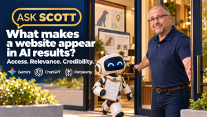 Scott welcomes an AI assistant, with Gemini, ChatGPT and Perplexity logos illustrating AI search